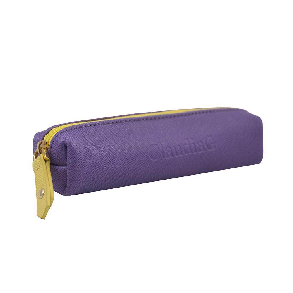 Elegant plum leather pouch with gold zipper and embossed ClaudiaG logo