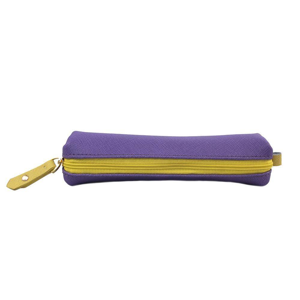ClaudiaG comfy elongated plum leather pouch with gold zipper and embossed logo for everyday essentials