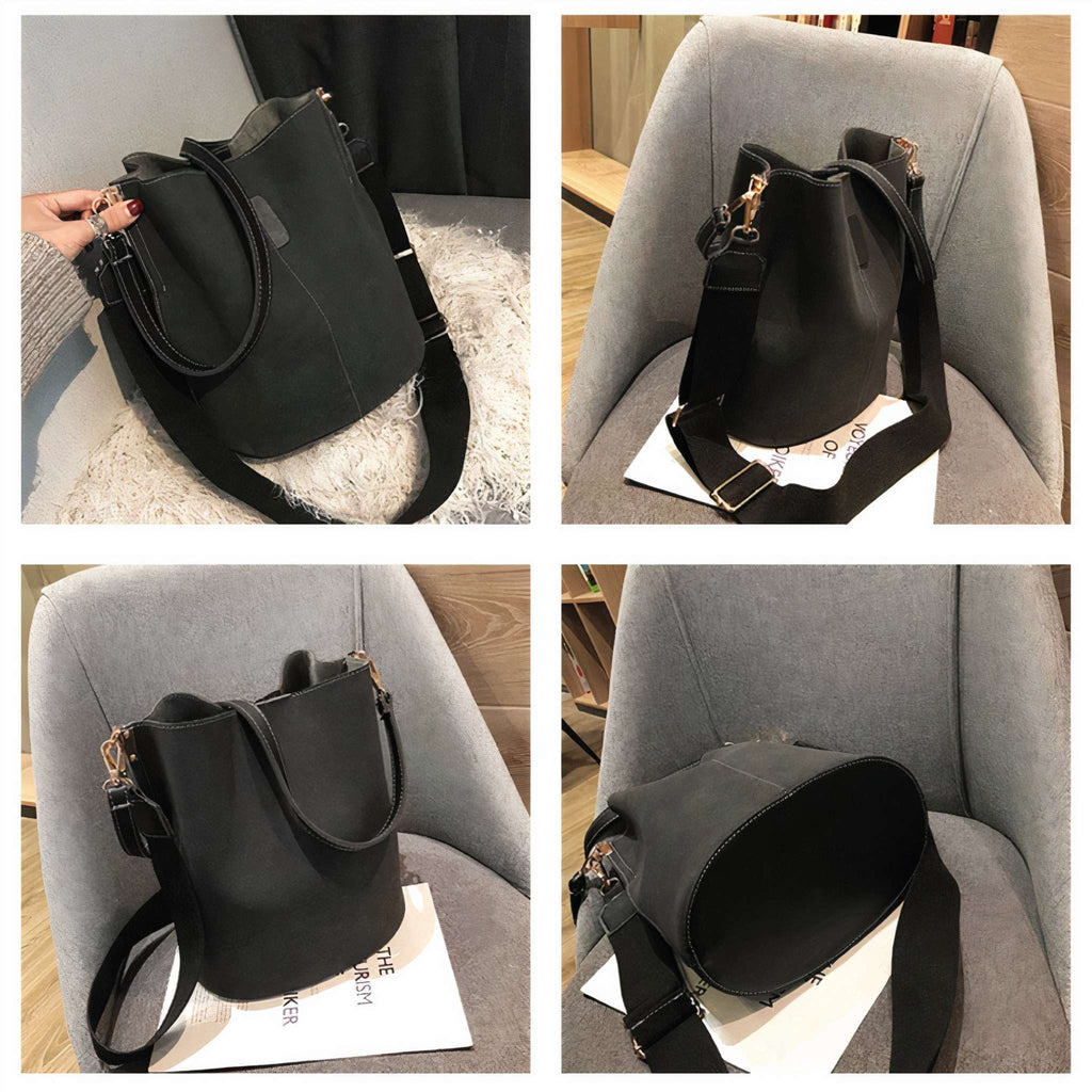 ClaudiaG Blake Shoulder Bag in black vegan leather with adjustable straps and bucket style design