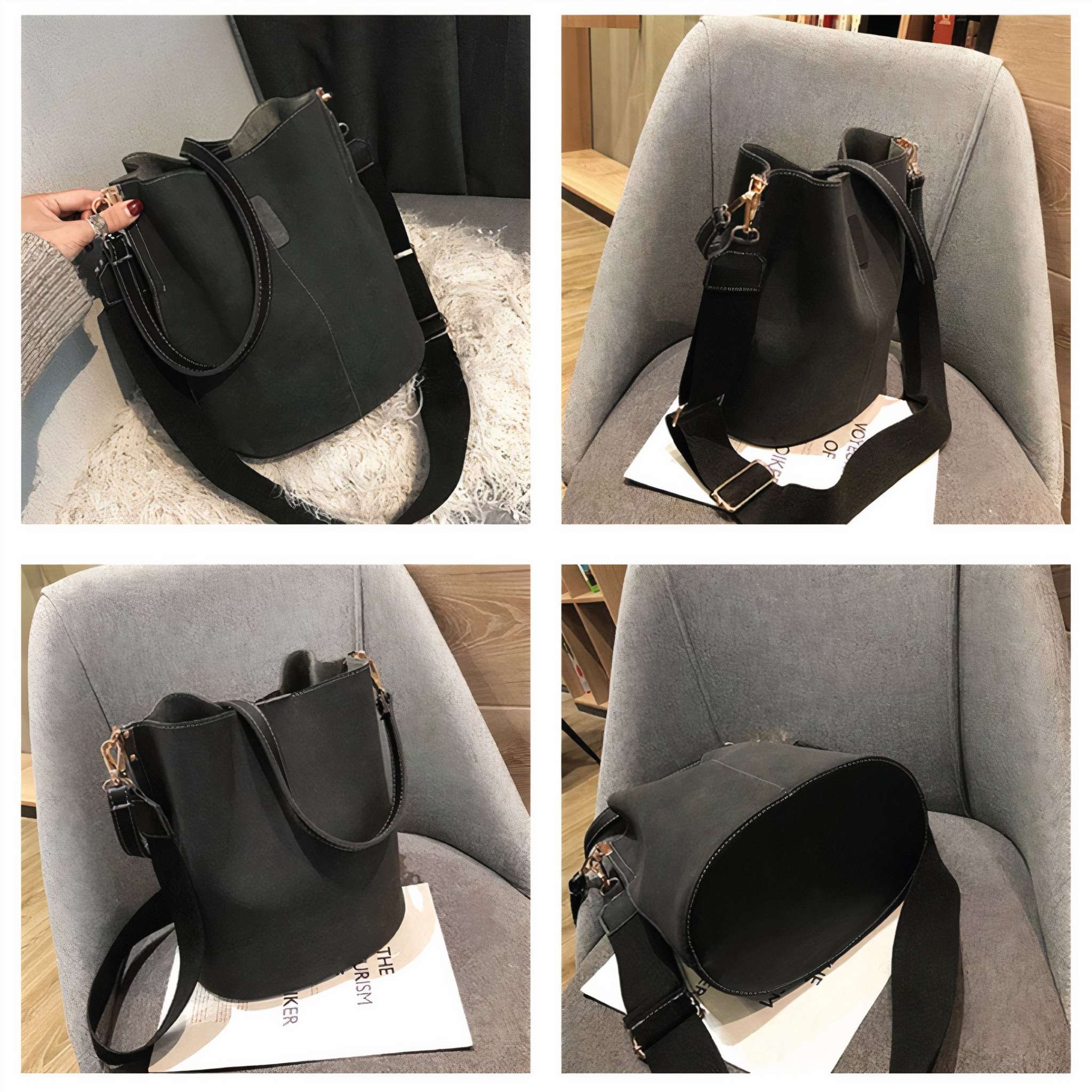 ClaudiaG Blake Shoulder Bag in black vegan leather with adjustable straps and bucket style design