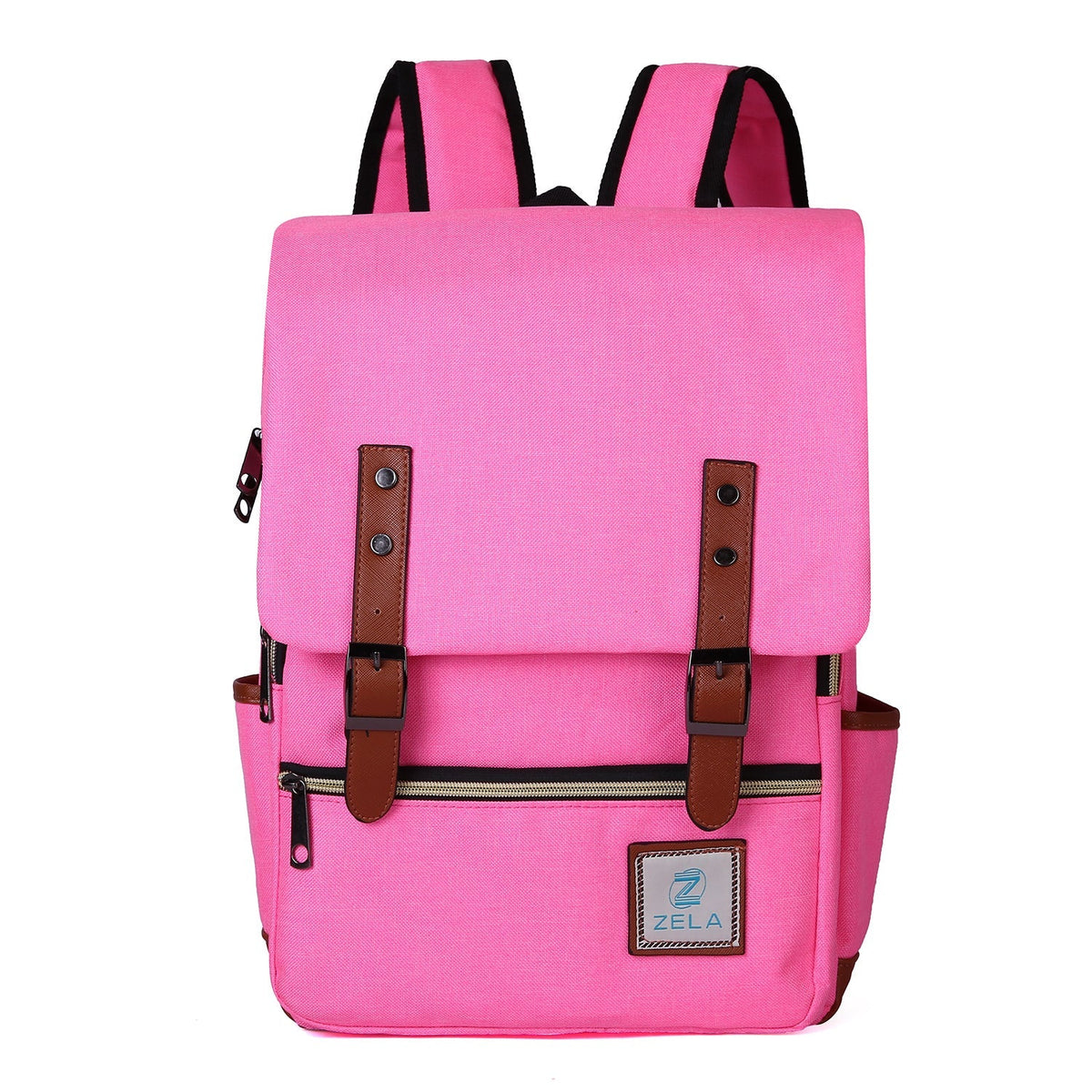 Zela Slim Backpack in bright pink woven fabric, with a flap closure, brown buckle straps, front zip pocket, and side pockets.
