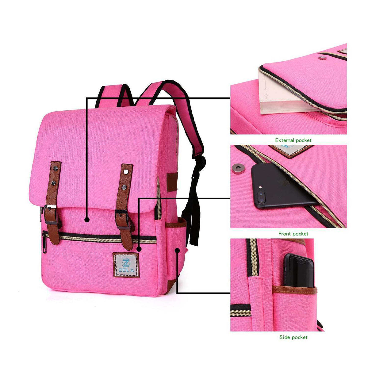 Zela Slim Backpack in bright pink fabric with black trim, brown buckle straps, zippered flap pocket and side sleeve.