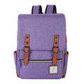 Vintage Laptop Backpack in textured purple fabric with brown faux-leather buckle straps, front zip pocket, and side pockets.