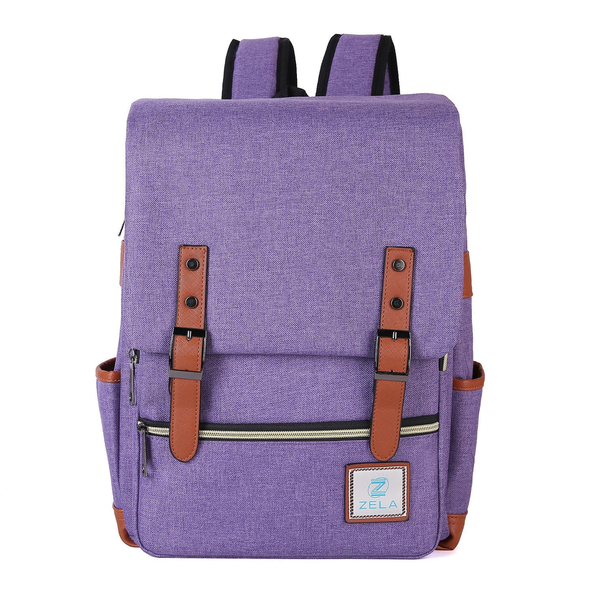 Vintage Laptop Backpack in textured purple fabric with brown faux-leather buckle straps, front zip pocket, and side pockets.
