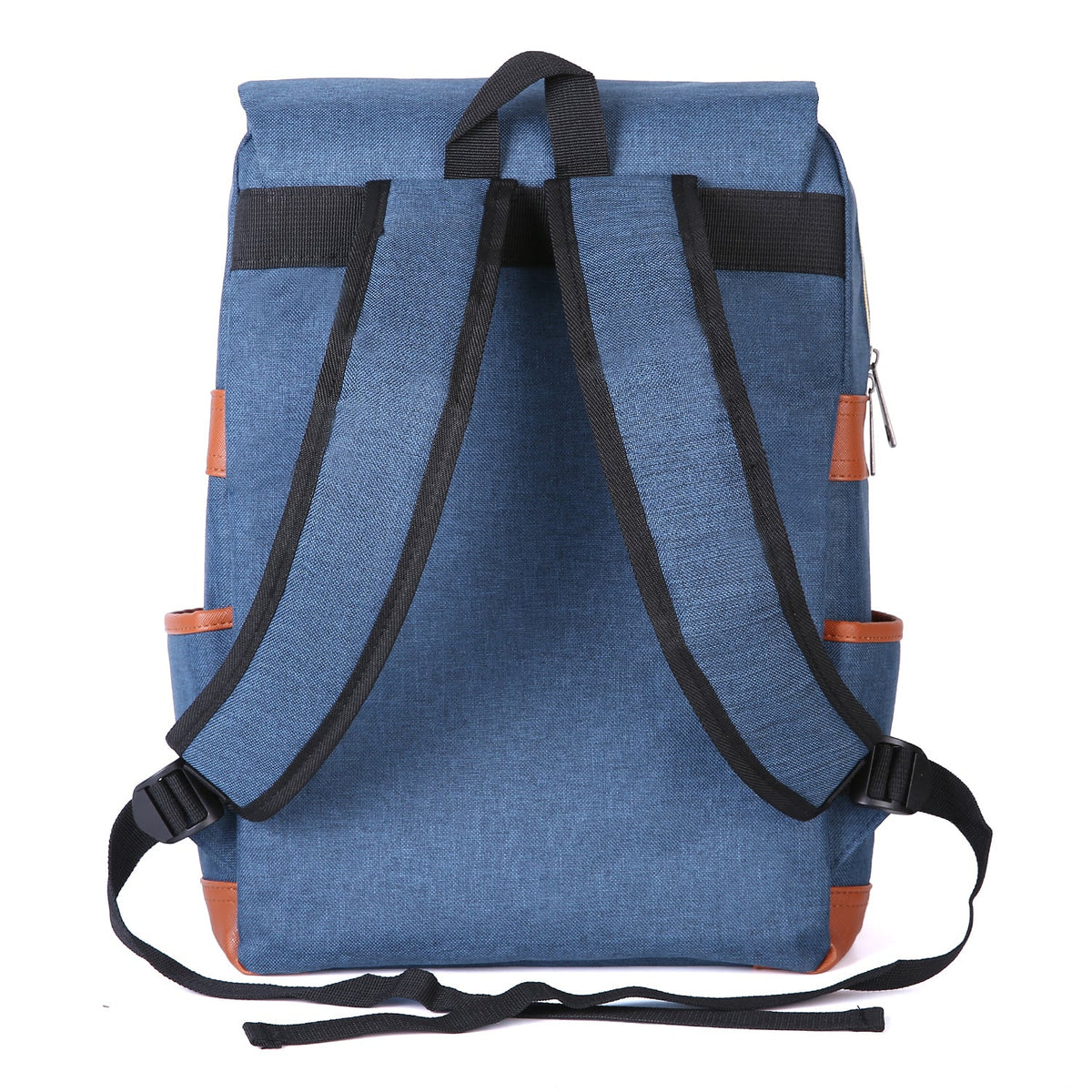 Slim Backpack in blue textured fabric with black padded shoulder straps, top carry handle, adjustable buckles and orange trim.
