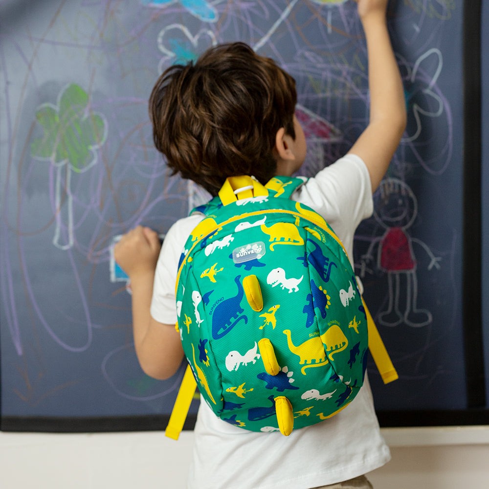 Suveno - Dinosaur Toddler Backpack in green polyester, featuring colorful dinosaur print and 3D yellow spikes
