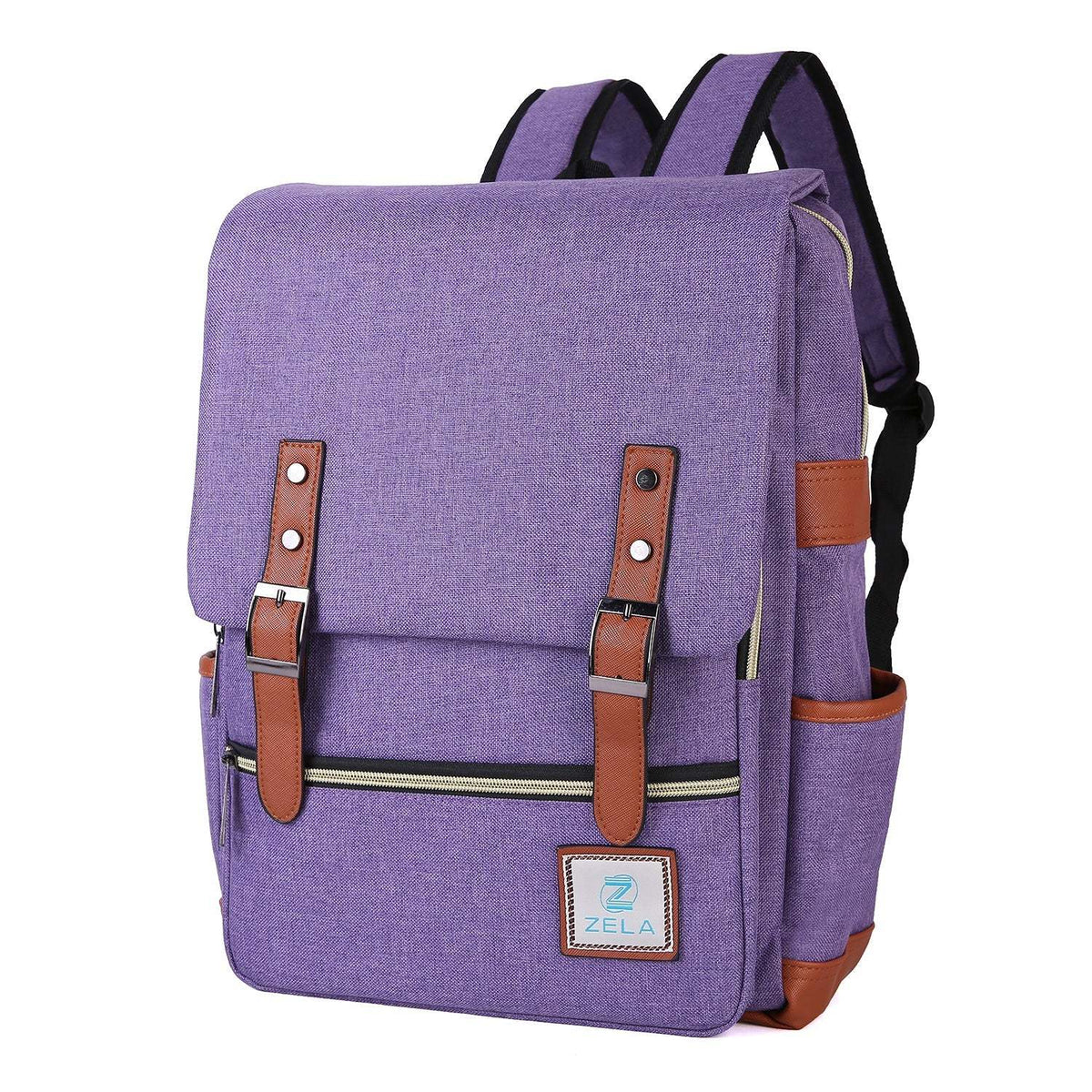 Vintage Laptop Backpack in textured purple fabric, featuring a flap closure, brown faux-leather straps, front pocket, and side pouch.