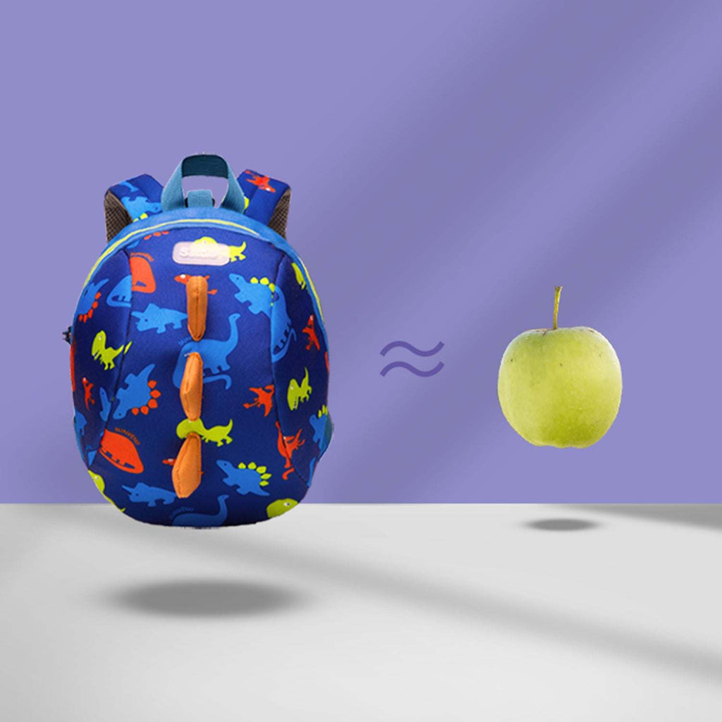 Suveno - Dinosaur Toddler Backpack in blue polyester with colorful dinosaur print and orange 3D spikes, lightweight design