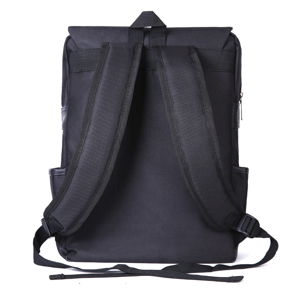 Vintage Laptop Backpack in black Oxford fabric, with a solid pattern, padded adjustable shoulder straps, side pockets, and top grab loop.