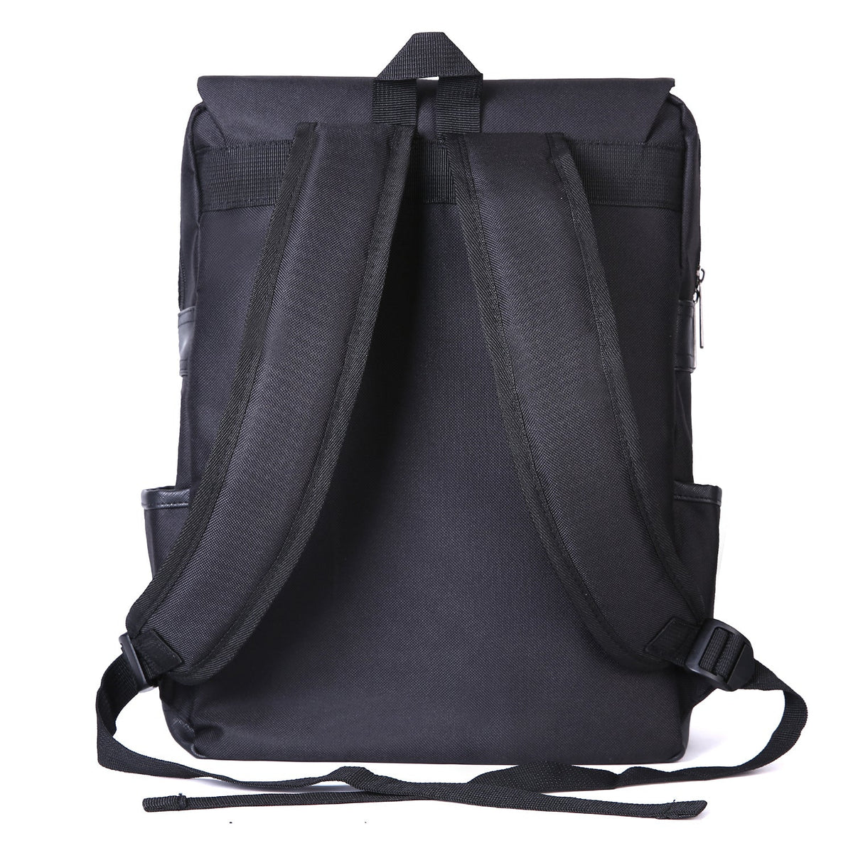 Vintage Laptop Backpack in black Oxford fabric, with a solid pattern, padded adjustable shoulder straps, side pockets, and top grab loop.