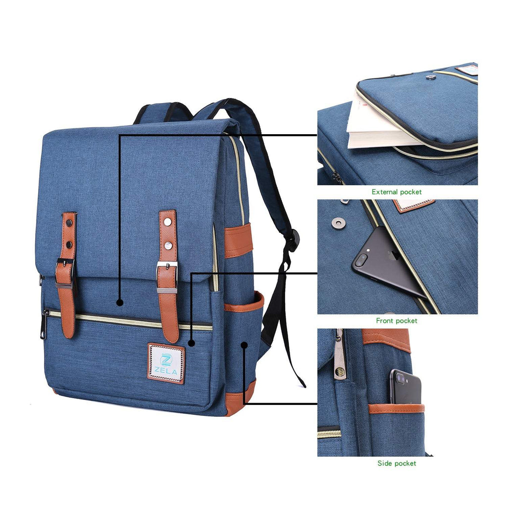 Slim Backpack in blue textured fabric with brown trim, buckle straps, flap closure, and side pockets for a vintage look.