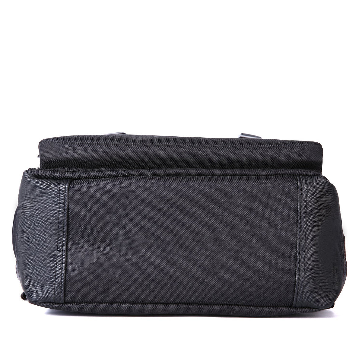 Vintage Laptop Backpack in black textured fabric, showing a slim rectangular base with stitched side panels and a zippered top compartment.