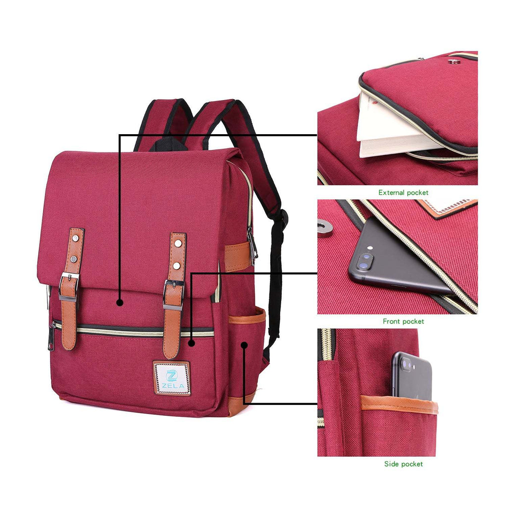 Vintage Laptop Backpack in burgundy red fabric with tan leather-look trim, buckle straps, zip pockets and a side bottle pocket.