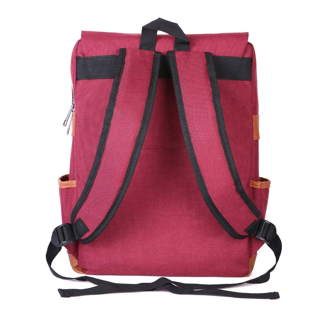 Vintage Laptop Backpack in burgundy Oxford fabric, with black adjustable shoulder straps, top handle, and side pockets.