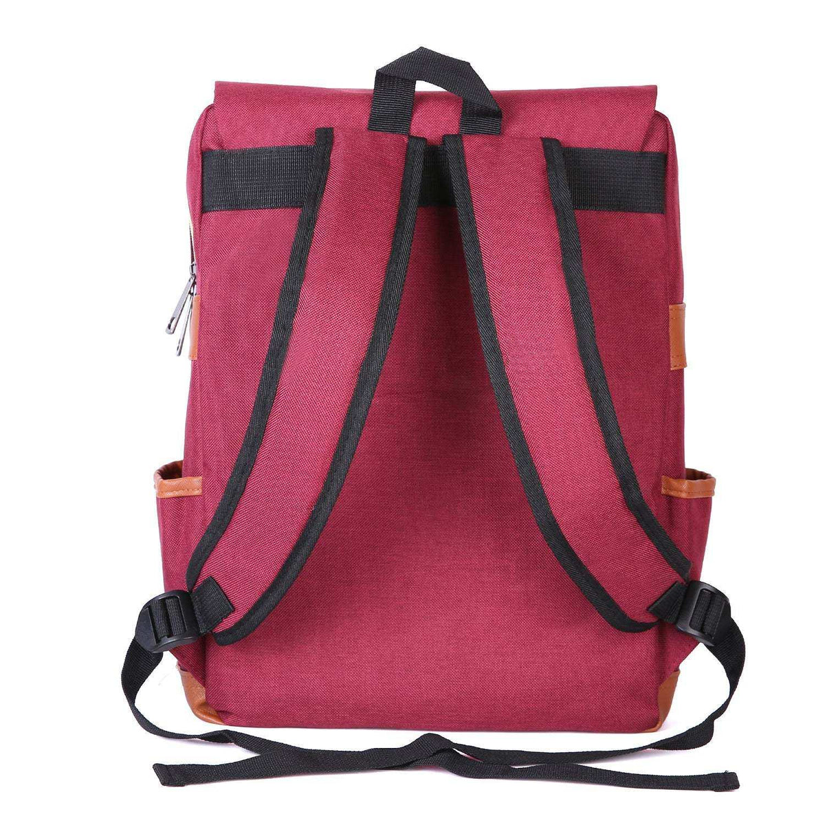Vintage Laptop Backpack in burgundy Oxford fabric, with black adjustable shoulder straps, top handle, and side pockets.