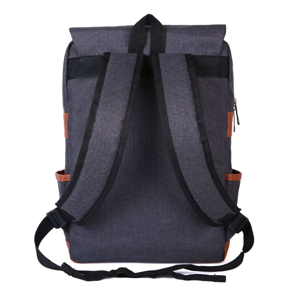 Vintage Laptop Backpack in charcoal gray fabric with black padded straps, brown side trim and roll-top flap closure