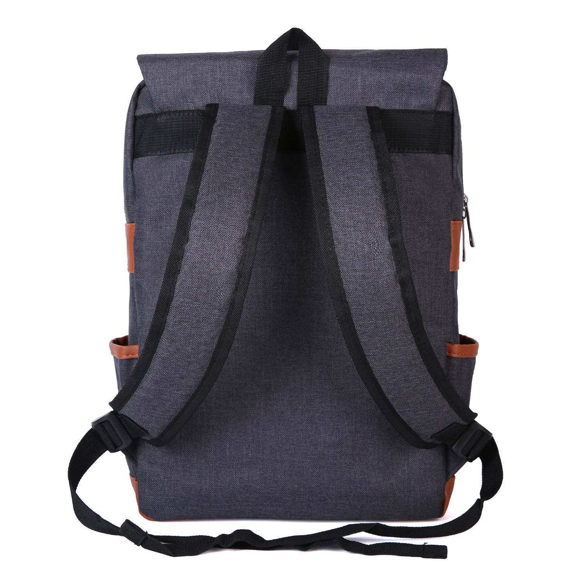 Vintage Laptop Backpack in charcoal gray fabric with black padded straps, brown side trim and roll-top flap closure