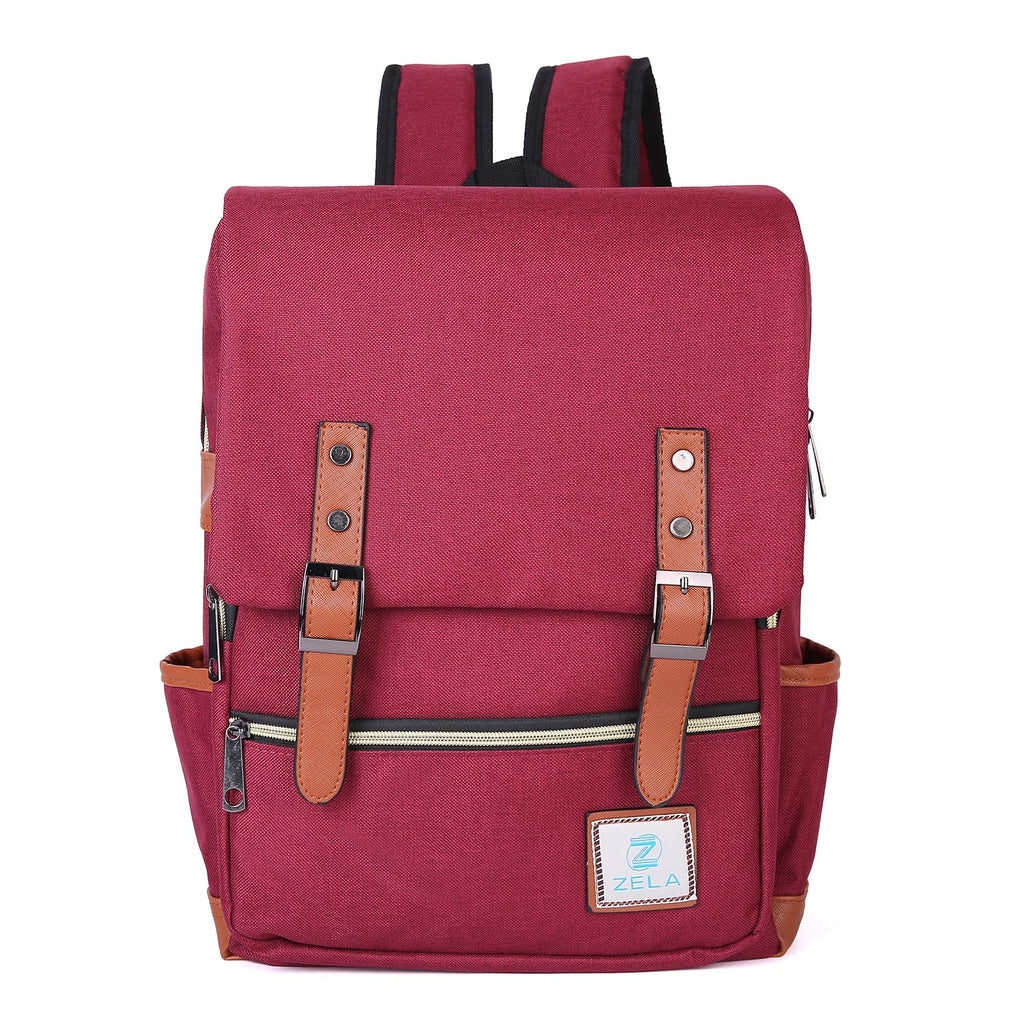 Vintage Laptop Backpack in burgundy fabric with brown leather-look straps, a flap closure, front zip pocket and side pockets.