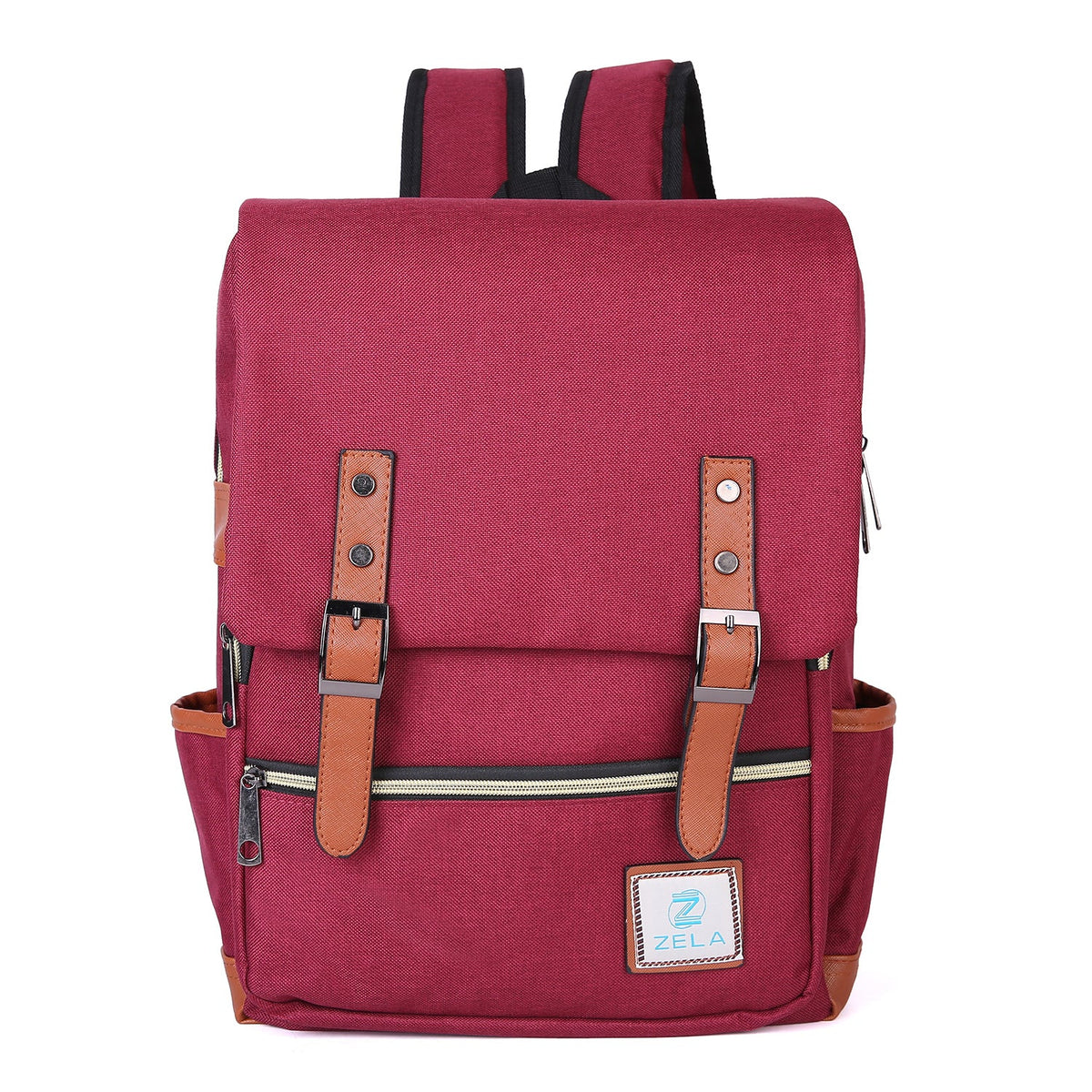 Vintage Laptop Backpack in burgundy fabric with brown leather-look straps, a flap closure, front zip pocket and side pockets.