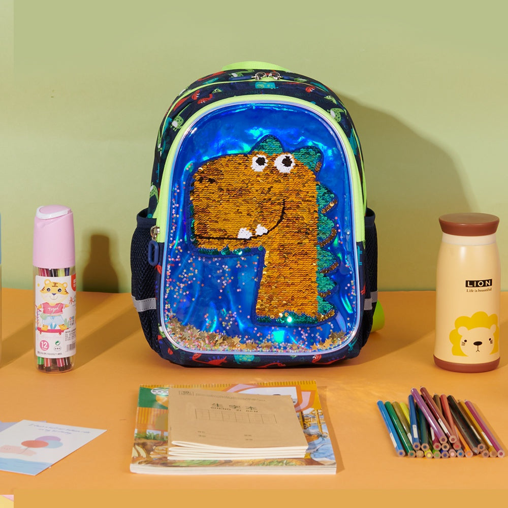 Suveno - Dinosaur Children's Backpack in blue, with glittering sequin dinosaur design and colorful trim