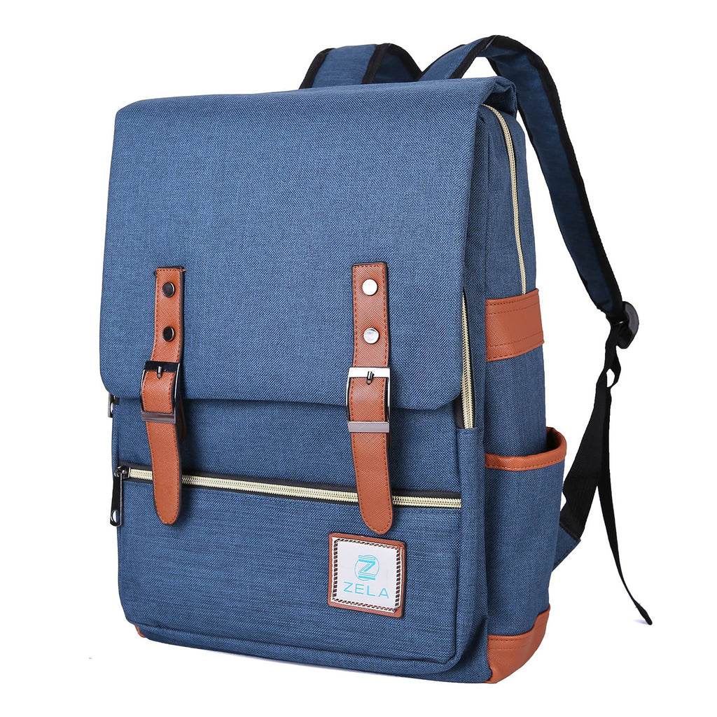 Slim Backpack in blue woven fabric with a flap closure, brown faux-leather straps and trim, and front zip pocket.