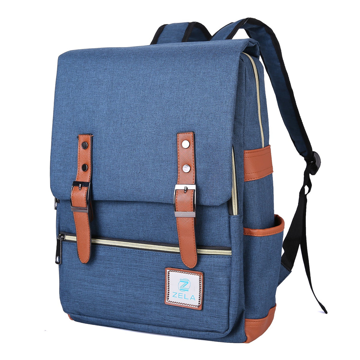 Slim Backpack in blue woven fabric with a flap closure, brown faux-leather straps and trim, and front zip pocket.