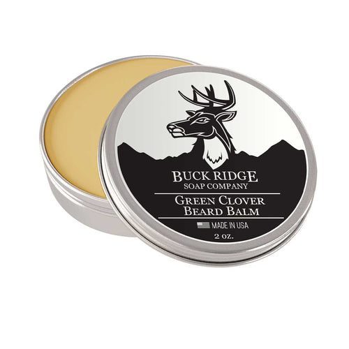 Buck Ridge Green Clover Beard Balm in silver tin with natural ingredients for moisturizing and styling beard