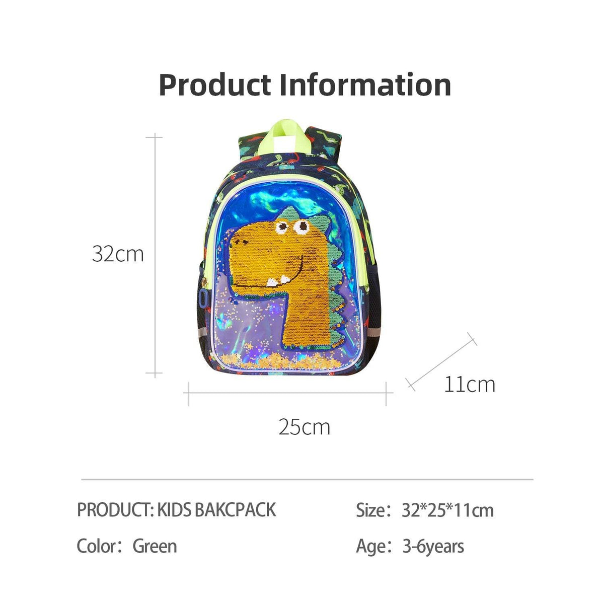 Suveno - Dinosaur Children's Backpack in green with shimmering sequins and a playful dinosaur design, 32cm tall