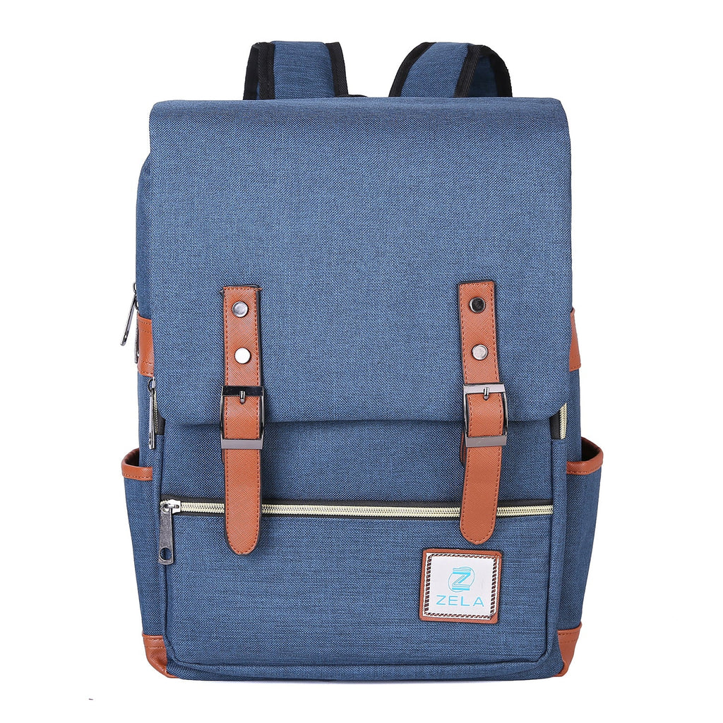 Slim Backpack in blue textured fabric with brown faux-leather buckle straps, front zip pocket, side pockets and Zela patch