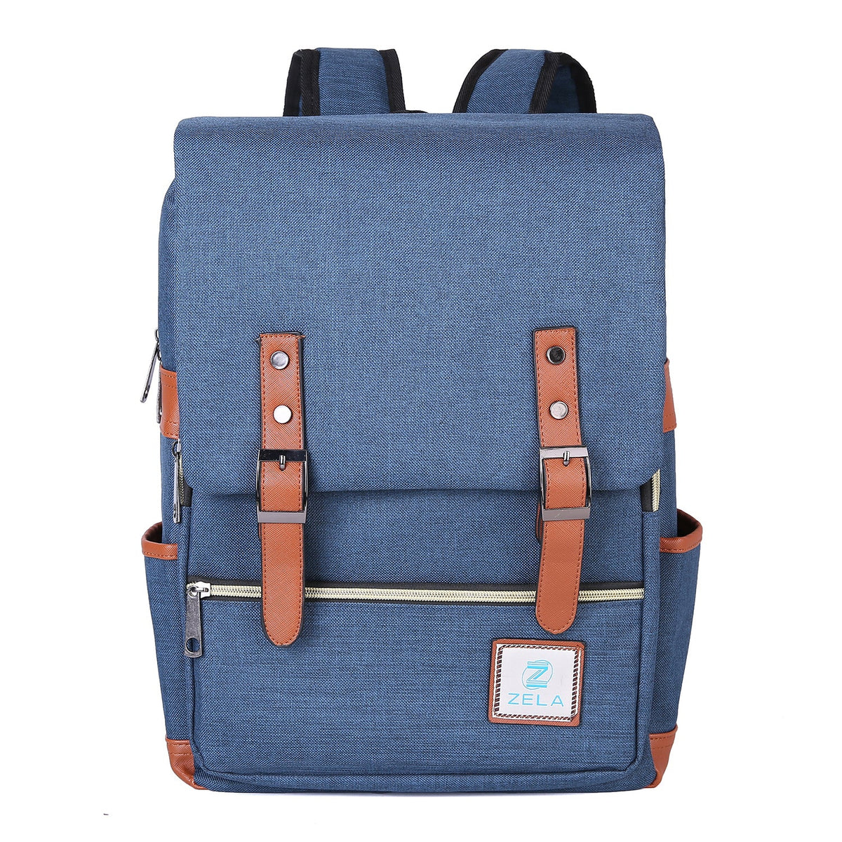 Slim Backpack in blue textured fabric with brown faux-leather buckle straps, front zip pocket, side pockets and Zela patch