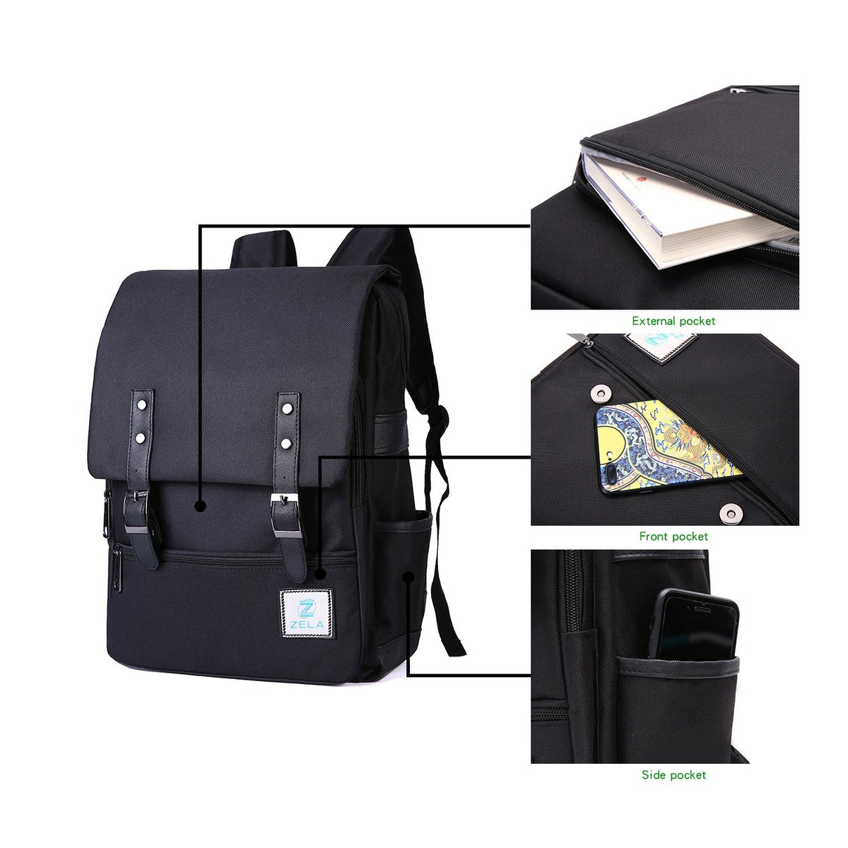 Vintage Laptop Backpack in black fabric with a slim rectangular shape, flap closure, buckle straps, and side pockets.