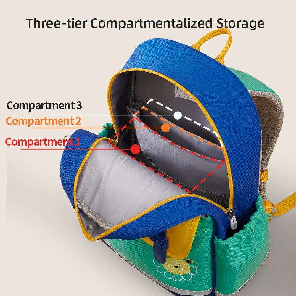 Adventure Cat Kid Backpacks, blue and green waterproof school backpack with yellow trim and three-tier compartments
