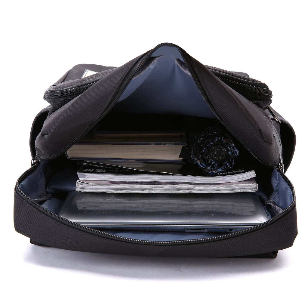 Vintage Laptop Backpack in black Oxford fabric, slim rectangular design with a wide zippered main compartment and flap pockets.