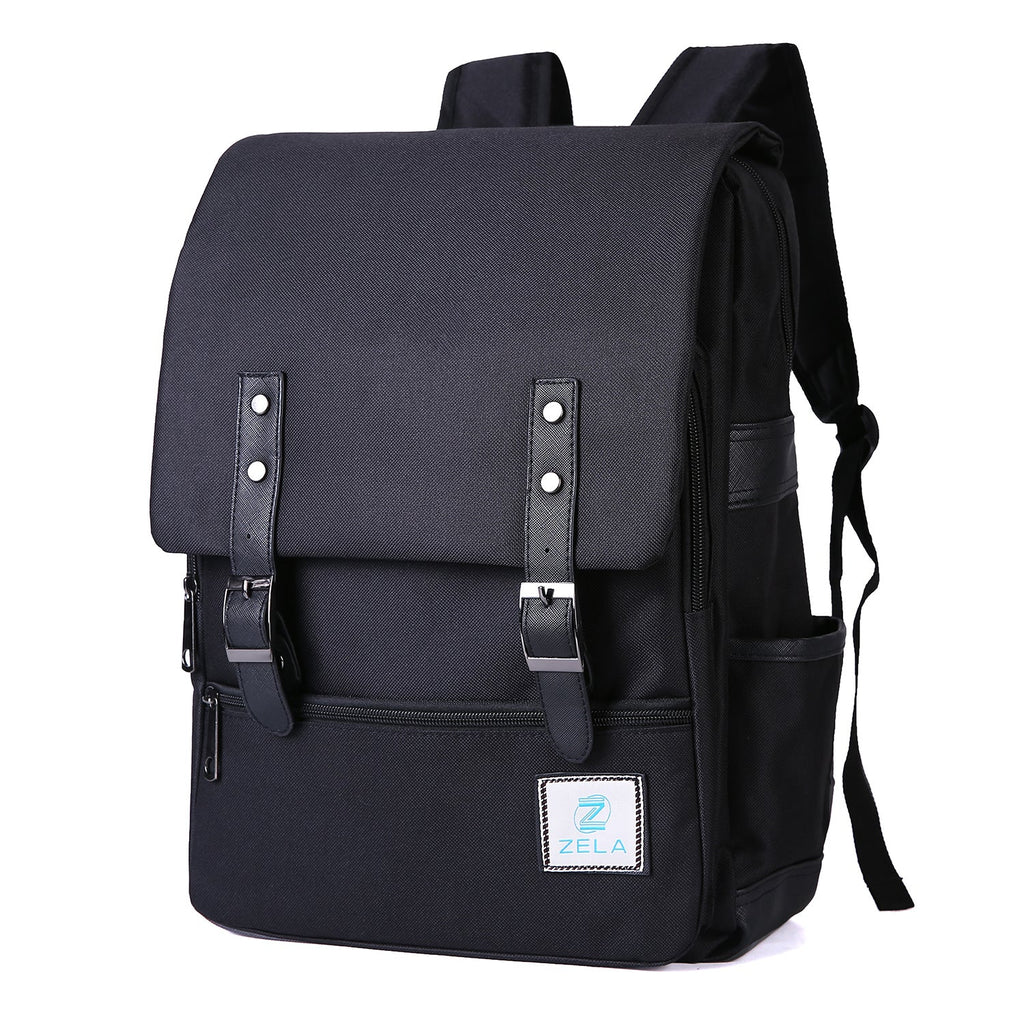 Vintage Laptop Backpack in black Oxford fabric, with a slim flap design, twin buckle straps, front zip pocket and side pockets.