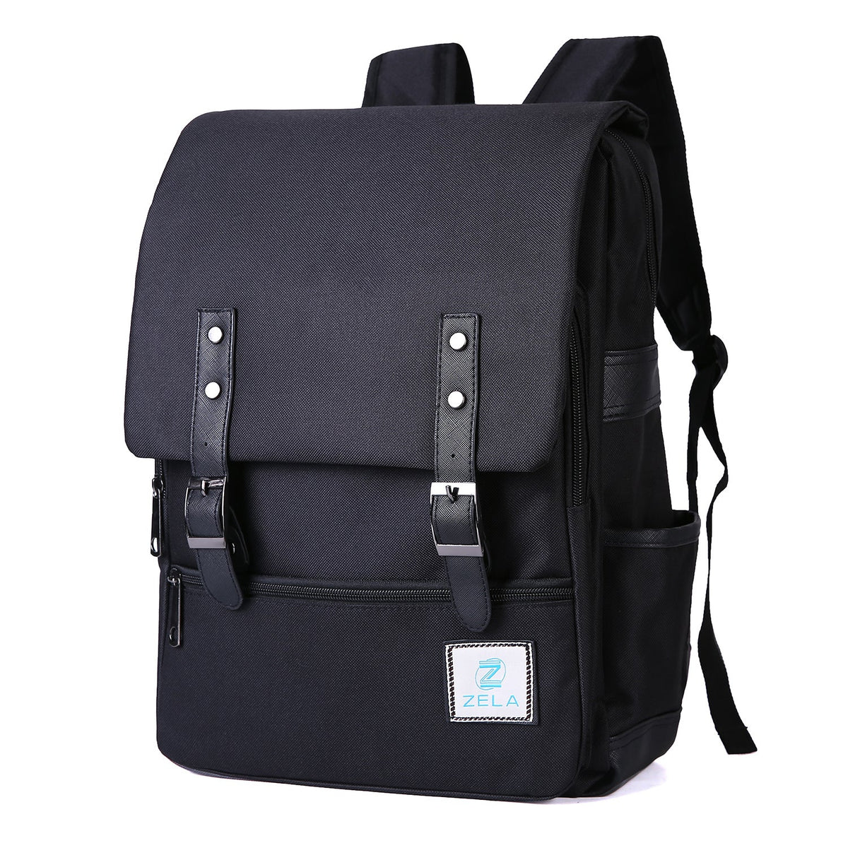 Vintage Laptop Backpack in black Oxford fabric, with a slim flap design, twin buckle straps, front zip pocket and side pockets.