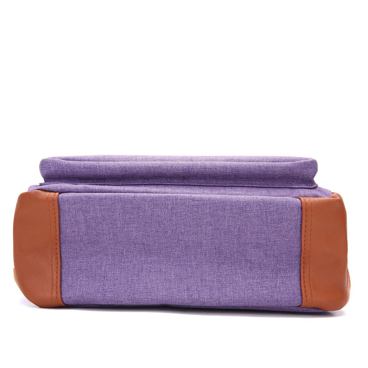Vintage Laptop Backpack in purple woven fabric with brown faux-leather corner panels and a structured rectangular base.