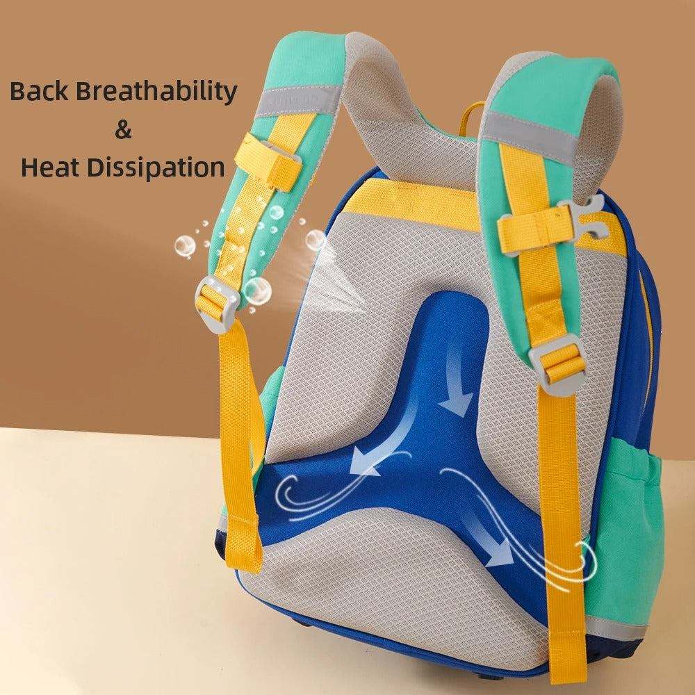 Kids school backpack in blue and teal waterproof fabric with yellow straps, padded breathable back and airflow design, Adventure Cat Kid Backpacks