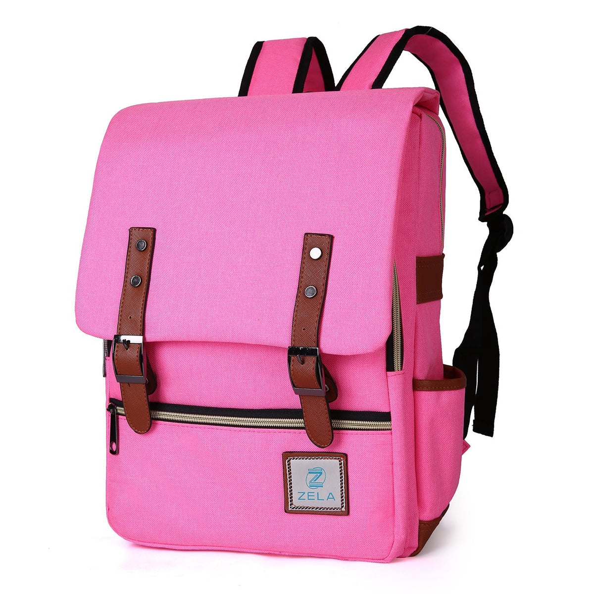 Zela Slim Backpack in bright pink fabric, with a flap closure, brown buckle straps, front zip pocket, and side sleeve.