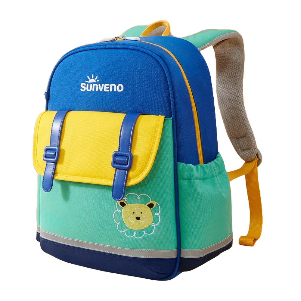 Kids school backpack from the Adventure Cat and Lion range, with blue, yellow and teal panels and a lion face motif.