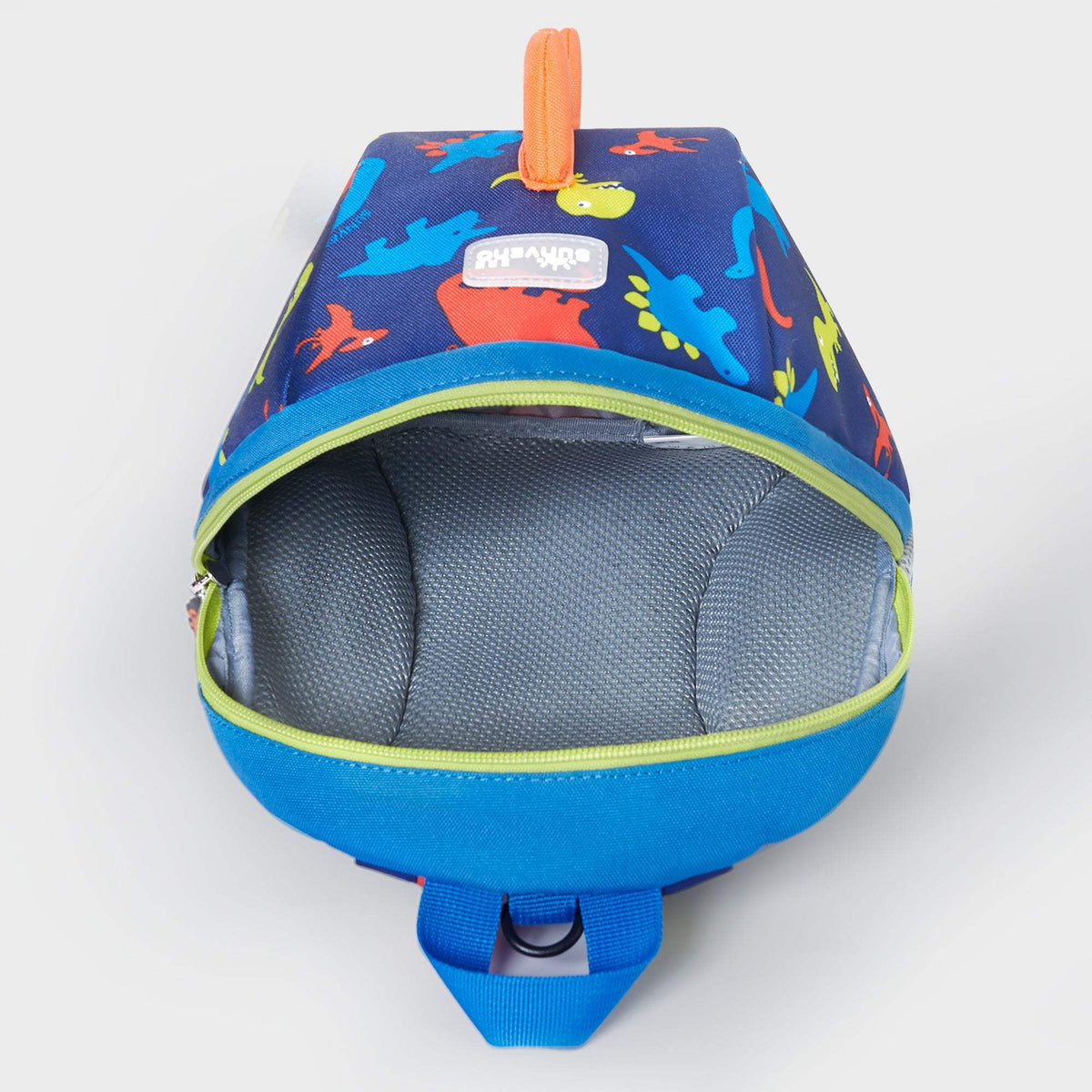 Suveno - Dinosaur Toddler Backpack in blue polyester with colourful dinosaur print, 3D orange spike and padded straps