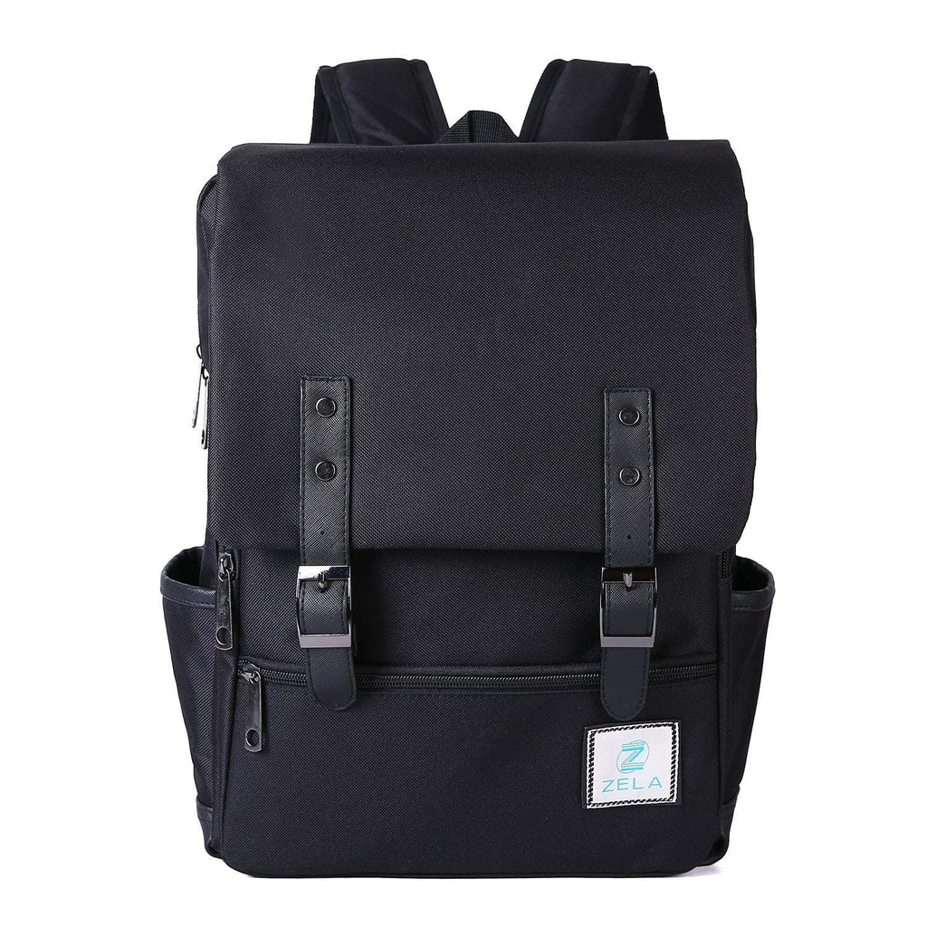 Vintage Laptop Backpack in black fabric with a slim rectangular shape, flap closure, buckle straps, front zip pocket and side pockets.