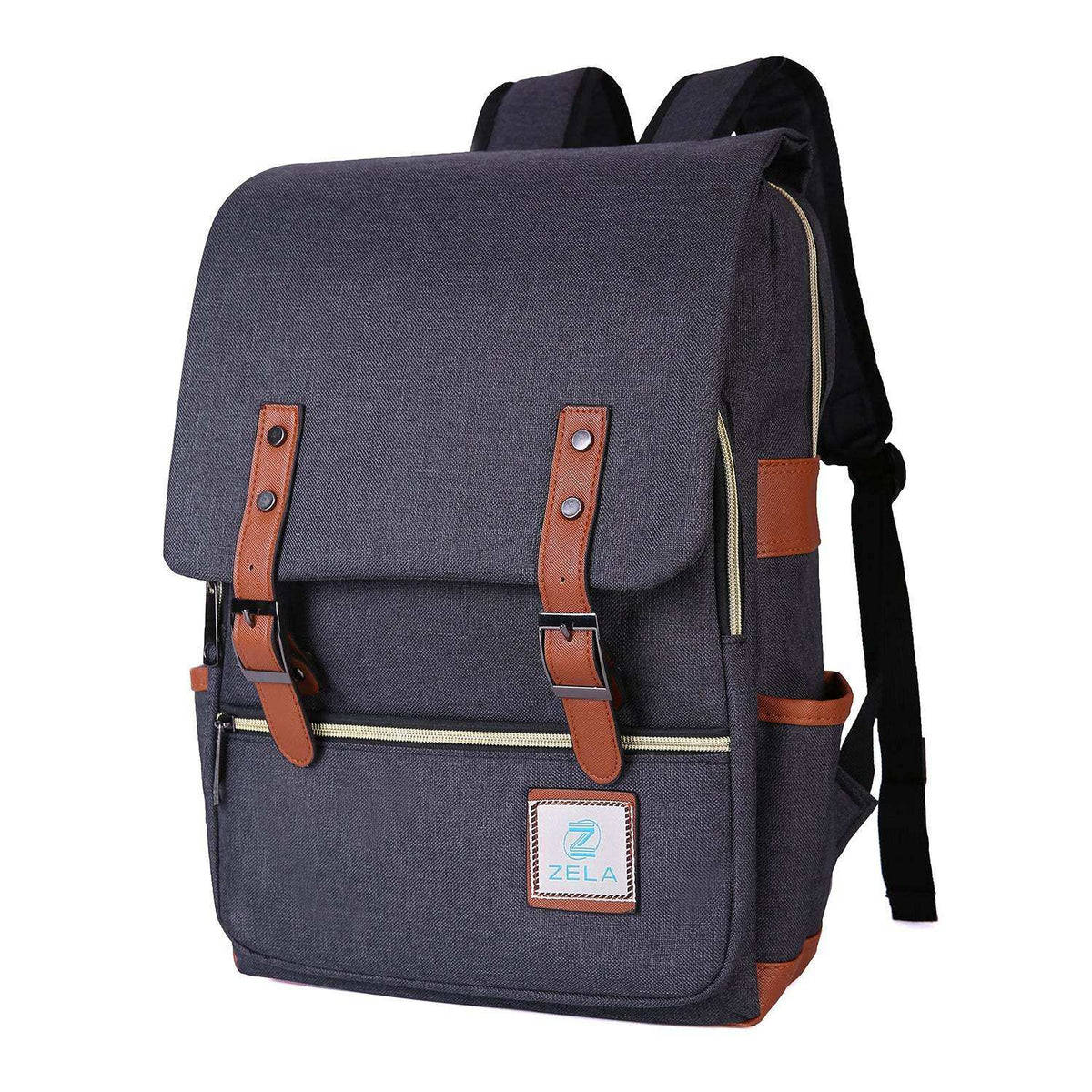 Vintage Laptop Backpack in charcoal gray woven fabric with brown faux-leather straps, buckles, and a flap closure
