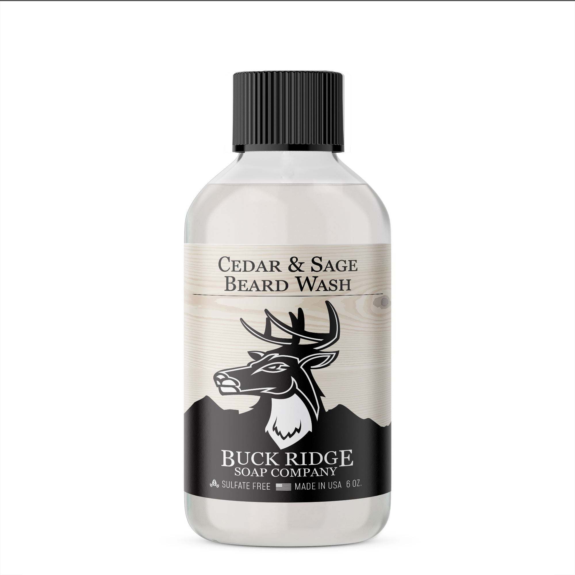 Buck Ridge Cedar and Sage Beard Wash bottle with cedarwood and clary sage scent, eco-friendly sulfate-free formula for beard and skin care