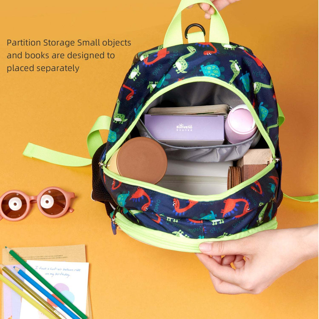 Suveno - Dinosaur Children's Backpack in dark blue with colourful dinosaur pattern, multiple compartments and padded straps