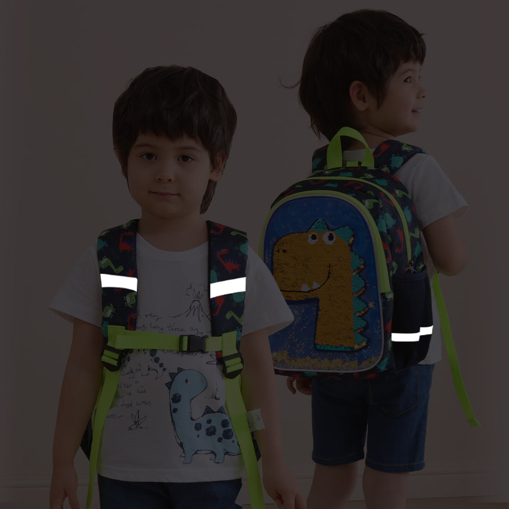 Suveno - Dinosaur Children's Backpack with colourful dinosaur design, green straps and reflective safety strips