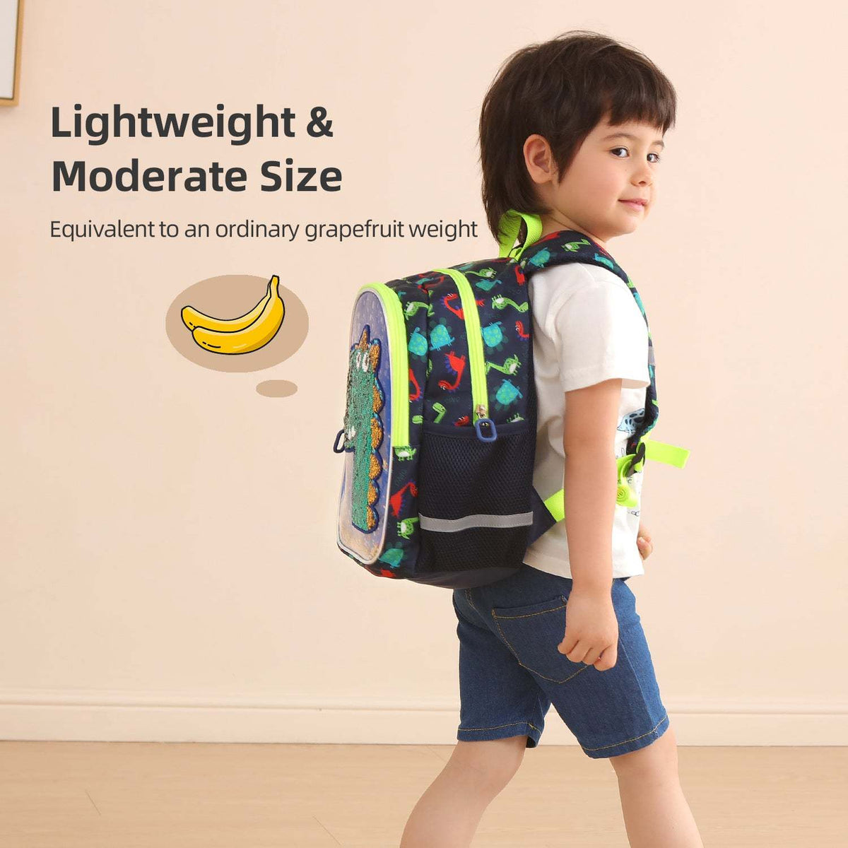 Suveno - Dinosaur Children's Backpack in dark patterned fabric, featuring neon trim, side pockets and padded straps.