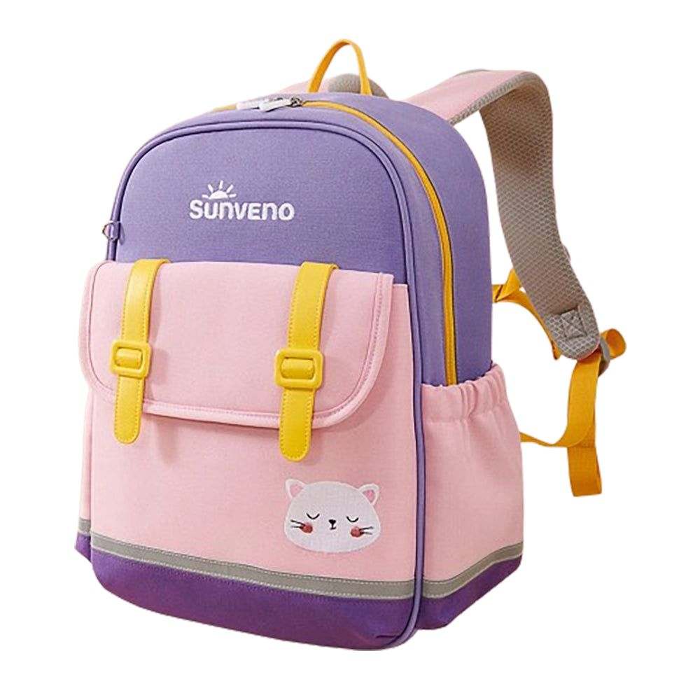 Adventure Cat Kid Backpacks in purple and pink waterproof fabric, featuring a cat patch and reflective stripe.