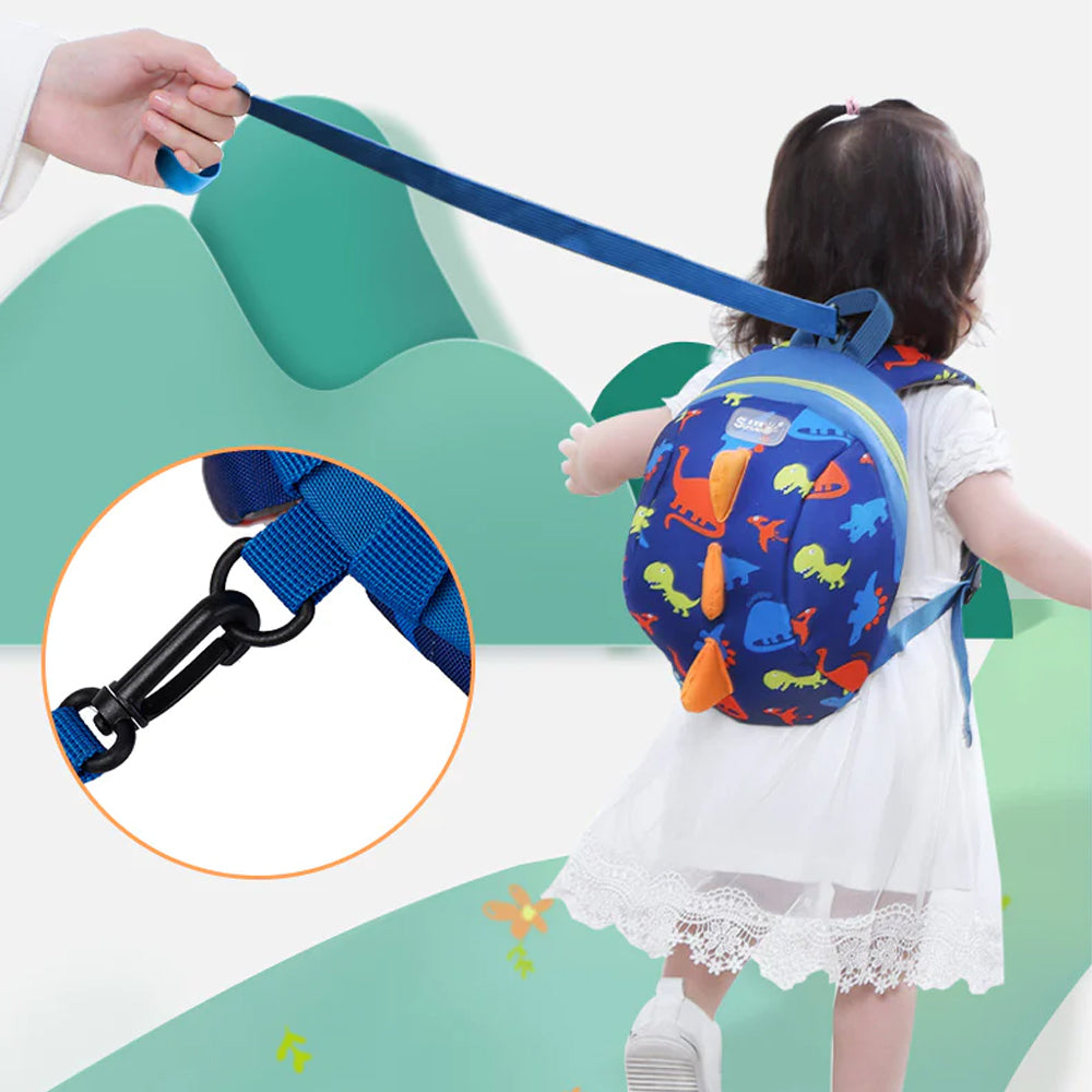 Suveno - Dinosaur Toddler Backpack in blue polyester with colourful dinosaurs, 3D spikes and safety harness leash