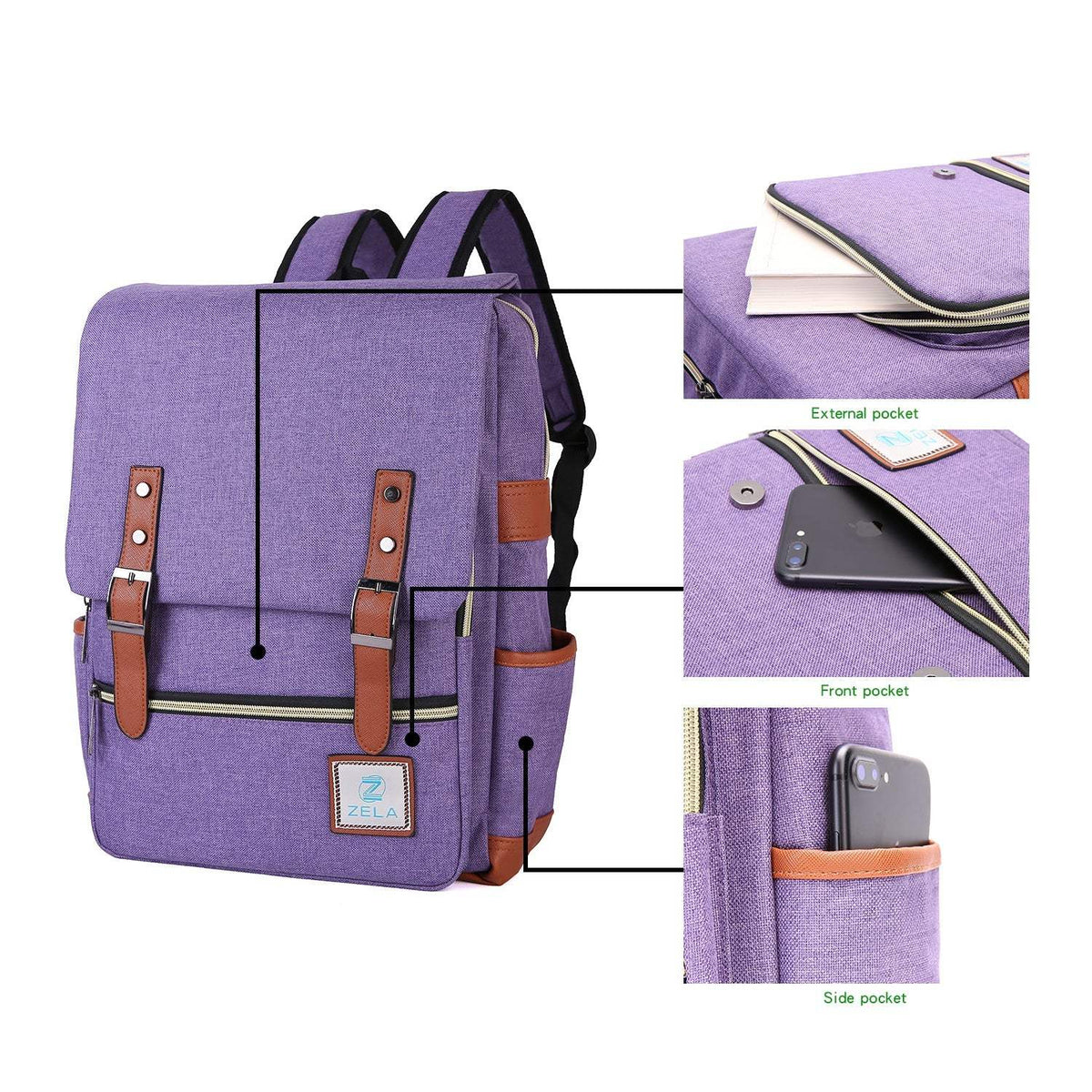 Vintage Laptop Backpack in purple textured fabric with a flap, brown faux-leather buckles, and front and side pockets.