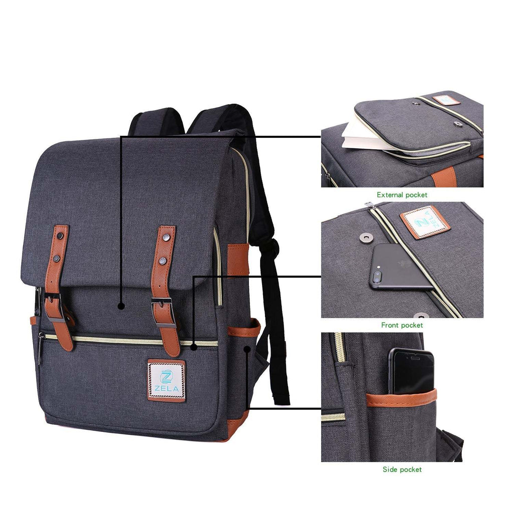 Vintage Laptop Backpack in charcoal gray woven fabric, with a slim flap design, tan leather-like straps, and exterior pockets.